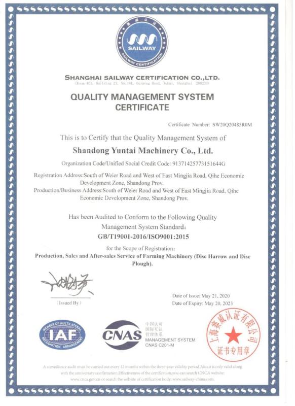 ISO9001 - Shandong Yuntai Machinery Co., Ltd.