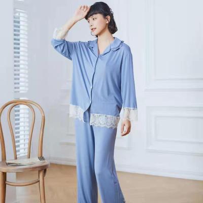 China Summer lady's breathable pajamas lace up leisure wear set sheath long thin home wear blue for sale