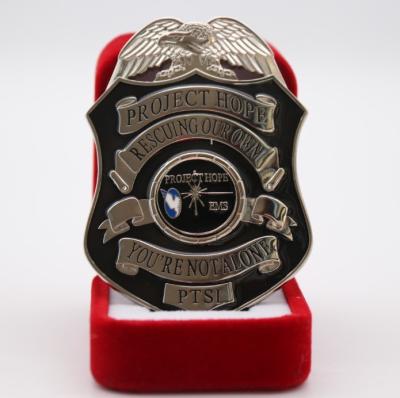 China Black Painting Shinny Silver Plating Unique Shape police name badge for sale