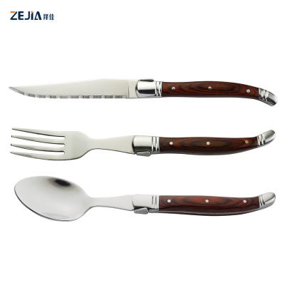 China German Sustainable High Carbon Stainless Steel With Serrated Laguiole Steak Knives Spoon Fork And Knife Wood Handle 3pcs Set Gift Box for sale