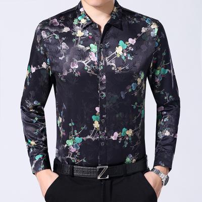 China Anti-pilling 2022 Chinese brands new style men's woven silk shirts printing shirt flower printed shirt for sale