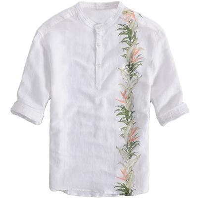 China anti-pilling MEN'S PURE SUMMER SHIRT FLOWER PRINTED CANVAS SHIRT MEN'S PURE MASCULINE HALF OPEN COLLAR CASUAL SHIRT for sale