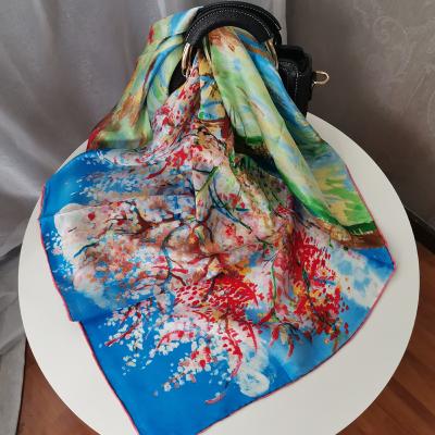 China Square Women The Square 100% Premium Silk Scarves Of Oil Painting 90x90cm for sale