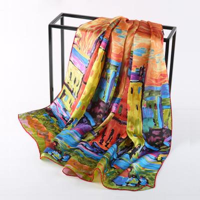 China Starry Night Luxury Silk Scarf Long Oil Painting Silk Scarf For Woman for sale