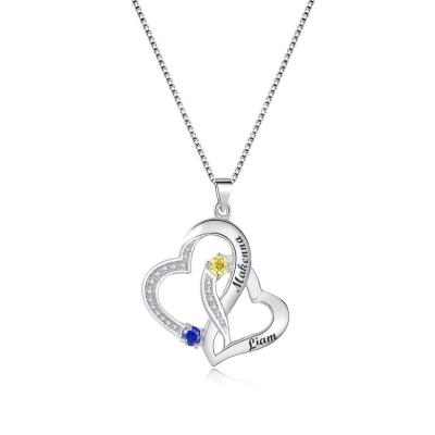 China Sterling Silver Double Heart Personalized TRENDY 2 Names and 2 Birthstones for sale