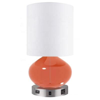 China JLT-7127 Contemporary glossy red orange glass table lamp port and AC hotel filler lamps with electrical outlets for sale