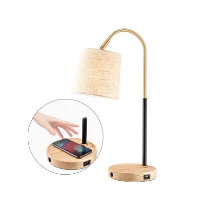 China JLT-9316 modern Nordic arched wooden base USB and wireless charging hotel wooden table lamp for sale