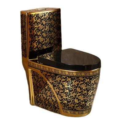 China Double-flush gold plated high quality ceramic strap ptrap toilet in black color for sale