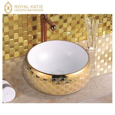 China Chinese Gold Wash Basin Table Top Round Shape Ceramic Wash Vanity Sink for sale