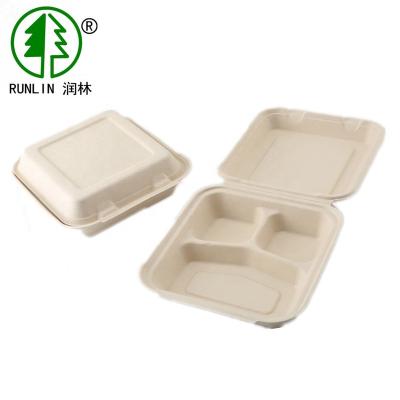 China Plant Disposable Biodegradable Fiber Pulp 3 Compartments Disposable Clamshell Lunch Boxes for sale