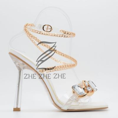 China 2022 fashion trend style jewelry high heel glitter sandals European simple gold chain transparent sandals for sale