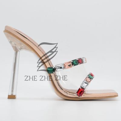 China The trend 2022 fashion European and American women's style sandals shape single color jewelry high heel glitter sandals PU transparent rubber for sale