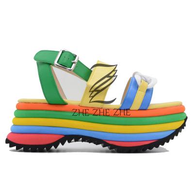 China Factory direct sale fashion trend chain decoration custom rainbow bottom flat shoes wedge sandals for women for sale