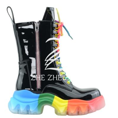 China Spring 2022 EVERGREEN Trend women's ankle boots warm patent leather uppers boots for ladies rainbow soles black PU rubber ZHEZHEZHE ZHEZHEZHE for sale