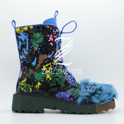 China 2022 Trend Women Boots Breathable Jacquard Fabric Molded Fur Top Lady Martin Bottom Boots for sale