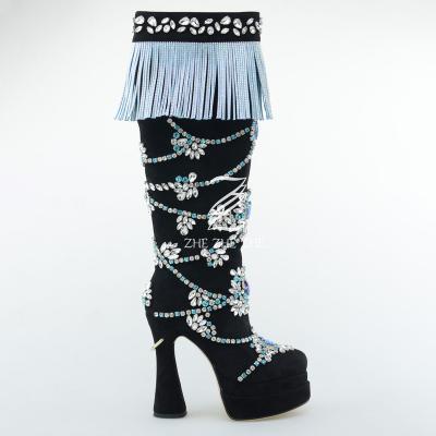 China 2022 summer new EVERGREEN high platform faux stone blue flower color round toe women's tassel heel bulky calf boot for sale