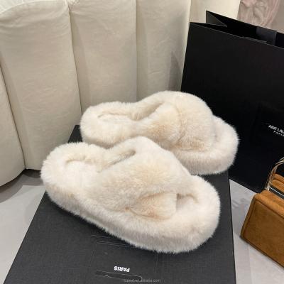 China Fashion Trend Designer Luxury Plush Furry Warm Soft Women Open Toe House Bedroom Faux Fur Slippers Fashion for sale