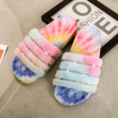 China Autumn Fashion Spring Trend PVC Fur Sandal Rhinestone Flat Bottom Outdoor Rubber Slippers Slides Anti-skid Sandals for sale