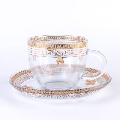 China Sustainable Decaled Glass Mug Set With Saucer , Customized Decal Glass Coffee Mug Set for sale