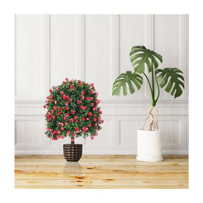 China Indoor Decoration 6.6 Indoor Outdoor Fake Plastic Red Rose With Potted Artificial Boxwood Plants Bonsai Flower Trees for sale