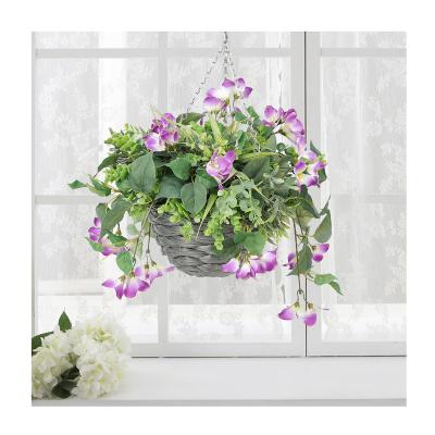 China HL-20 Indoor Outdoor Decoration Factory Cheap Price Hanging Plastic Purple Flower Plants Artificial Flower Basket for sale