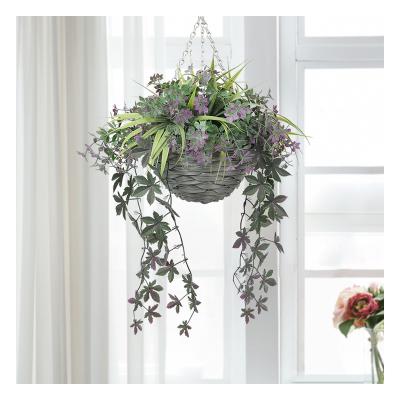 China Wholesale Indoor Outdoor Hanging Decoration HL-24 Green Grass Plastic Plant Ivy Artificial Silk Flower Purple Baskets For Wedding Decor for sale