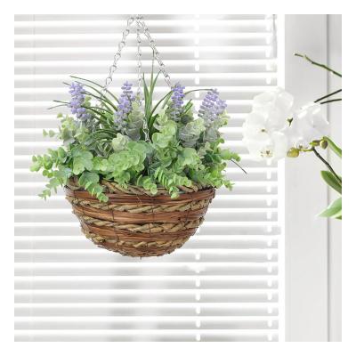 China HL-25 Indoor Outdoor Wholesale Plastic Decoration Eucalyptus Branch And Grass With Hanging Lavender Artificial Flowers In Rattan Weave Basket for sale