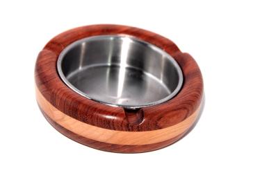 China Bi-wood round wood Ashtray with steel plate for sale