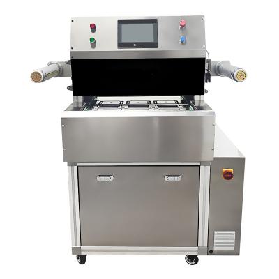 China Food 3 Trays Immediately Continue Meat Packing Machine Use For Tray Sealing And Plastic Box Container Wrapping for sale