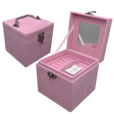 China Portable Mirrored Jewelry Box Pink Makeup Storage Bags With Flannelette for sale