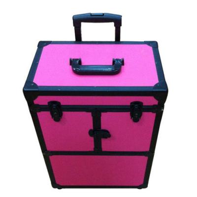 China Custom Pink Aluminum Trolley Makeup Case On Wheels With 6 Trays for sale