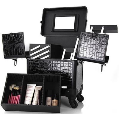 China Makeup Artist Carry Case With Tray PVC Cosmetic Train Trolley Makeup Box for sale