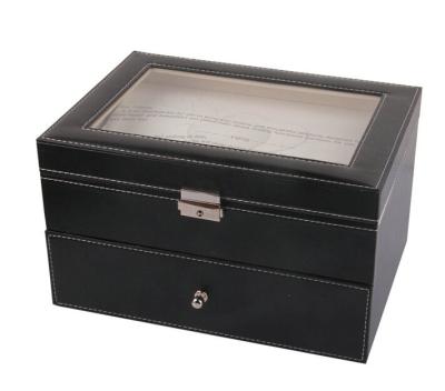 China Black PU Watch Holder Box 2 Drawers Present Strorage 28×20×16.5 cm for sale