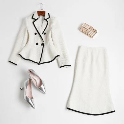 China Wholesale Custom Made White Wool Women Ladies Ladies Office Suits Anti Shrink With Skirts Tweed Blazer Set Woven Shorts for sale