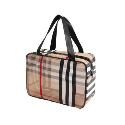 China Fashoion Customized Transparent Waterproof Makeup Storage Bag Striped Wash Mesh Bag Large Capacity Portable Makeup Travel Bag for sale