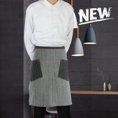 China 100% Cotton Eco-friendly Denim Washed Porcelain Work Restaurant Two Pockets Soft Gray Apron For Cafe for sale