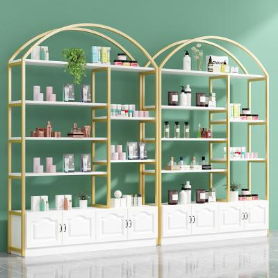 China Wood Laminate + Metal Frame Cosmetics Store Organizer Perfume and Display Beauty Product Rack with Drawer Retail Cosmetic Shelf Professional Makeup Display for sale