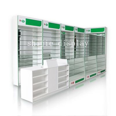 China Double Sided Pharmacy Furniture Design For Pharmacy Shop Pharmacy Racks Wall Shelving System Medical Gondola Glass Shelves Modern for sale