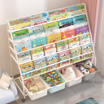 China Modern Custom Metal Bookcase With 4 Wheels Kids Book Display + Toy Box 5 Tier Shelving Units For Nursery for sale