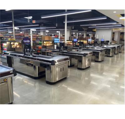 China Fashion ShiJie Customized Supermarket Displaying Counter Retail Design Store Checkout Counter Cashier Grocery Counters for sale