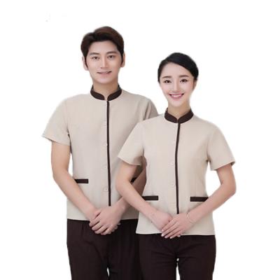 China New summer style hotel restaurant cleaning room staff uniform outdoor plain twill polyester cotton sleeve shorts for sale