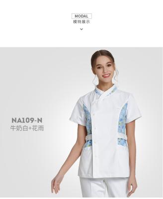 China Ladies outdoor unisex mens cvc 65%cotton 35% polyester shorts sleeve flowers printing cares scrubs and pants for sale