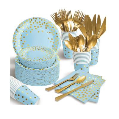 China Blue Tan Paper Plate Cups Napkins Tableware Set Golden Dot Theme Party Baby Shower Boy Birthday for sale