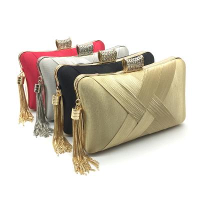 China Women's Woven Clutch Bag Mini Satin Fashion Style Metal Tassel Satin Handbags Lady Wedding Purse Party Evening for sale