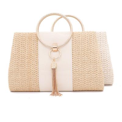 China Wholesale Fashion Handmade Straw Tote Shoulder Clutch Metal Tassels Large Capacity Braid Summer Beach Shopping Purse Travel Handbag for sale