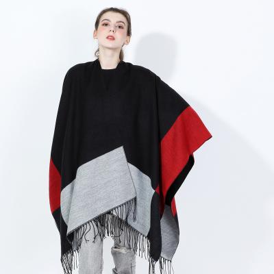 China Double Sided Decoration Lady Trailing Jacquard Tassel Shawl Cape Poncho Towels Winter Poncho Women Shawl for sale