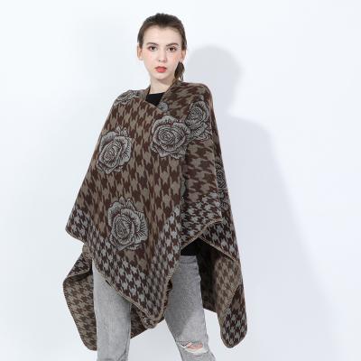 China European and American fashion decoration cape rose pattern tassels shawl blanket warm winter women poncho for sale