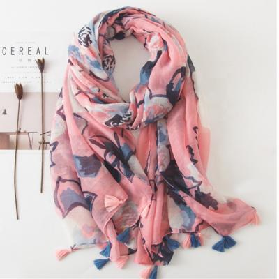 China Decoration Spring Contrast Print Tassel Tulle Scarf Sunscreen Shawl Women's Cotton Scarf 2020/Summer Scarf for sale