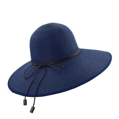 China Fashionable high-end boutique women's rope leather bow tie striped with large brim sun shading paper woven straw hat for sale