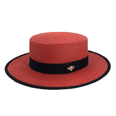 China Fashionable women's outdoor striped travel sun protection, breathable fastener, flat surface, paper bee woven small straw hat for sale